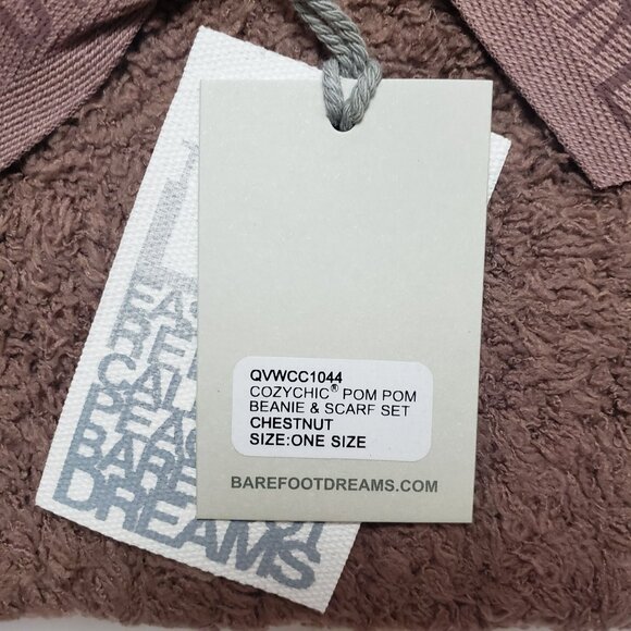 Barefoot Dreams CozyChic Pom Pom Beanie & Scarf Set Chestnut OS Warm Winter Wear - Picture 3 of 12